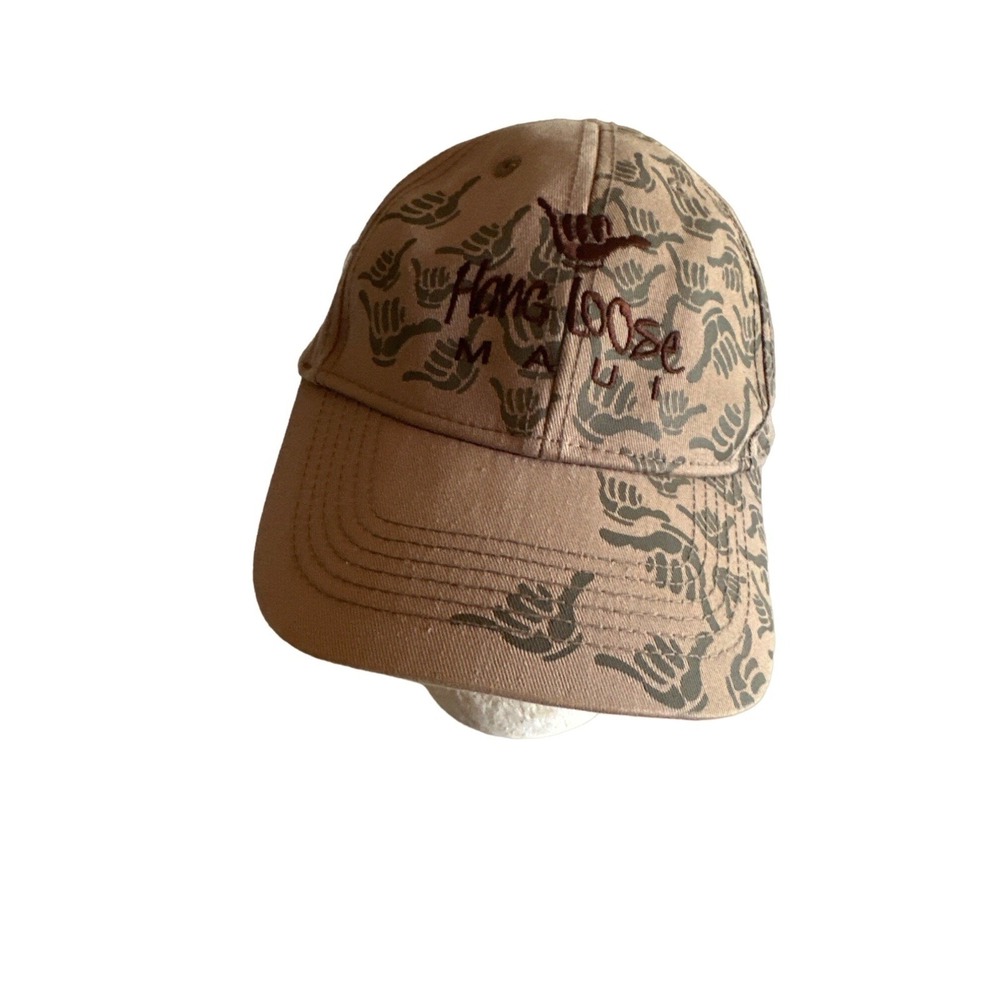 Hang Loose Maui Hawaiian Headwear Adjustable Cap Brown Shaka Hand Print